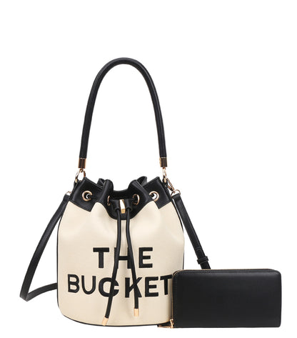 The Bucket Draw String Canvas Hobo -Shoulder Bag with Wallet