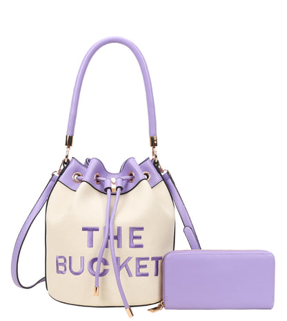 The Bucket Draw String Canvas Hobo -Shoulder Bag with Wallet