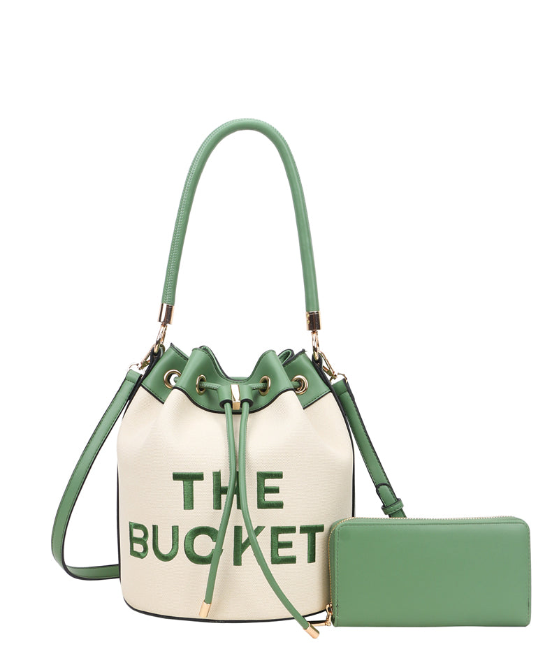 The Bucket Draw String Canvas Hobo -Shoulder Bag with Wallet