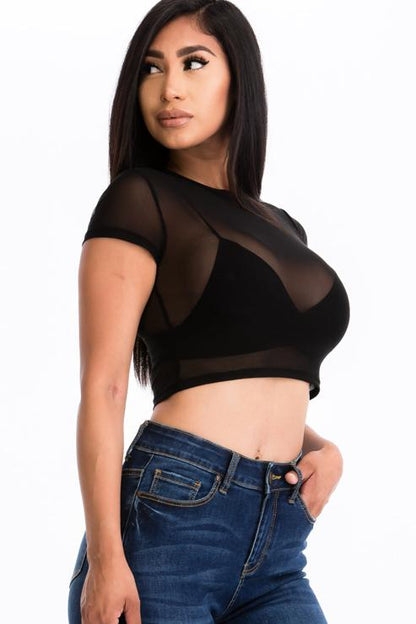 Sexy Mesh Sheer Short Sleeve Crop Top