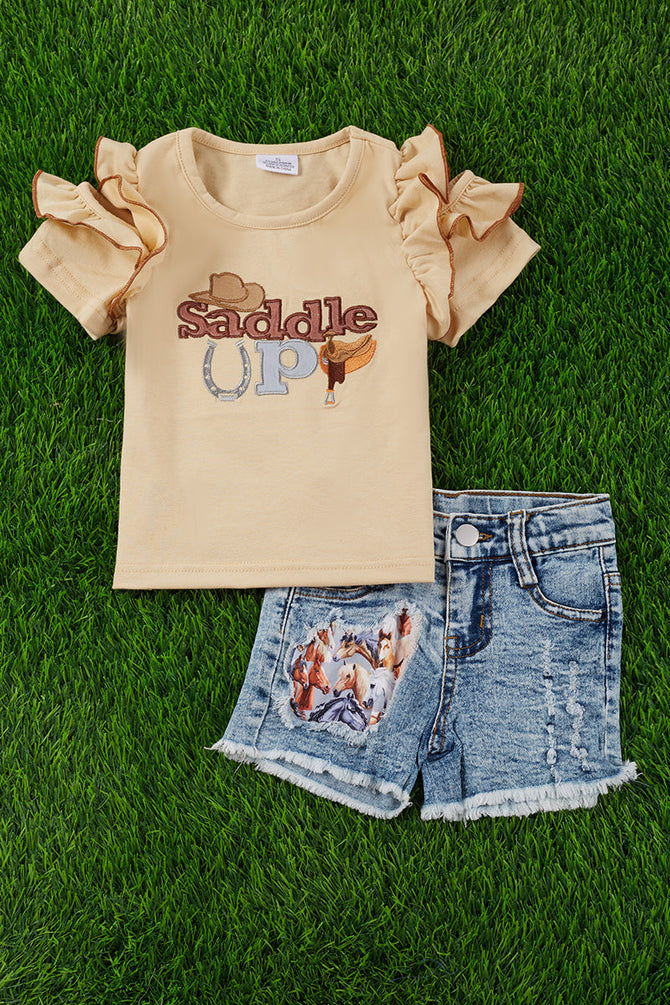 SADDLE UP COLD SHOULDER TOP & HORSE PRINTED DENIM SHORTS