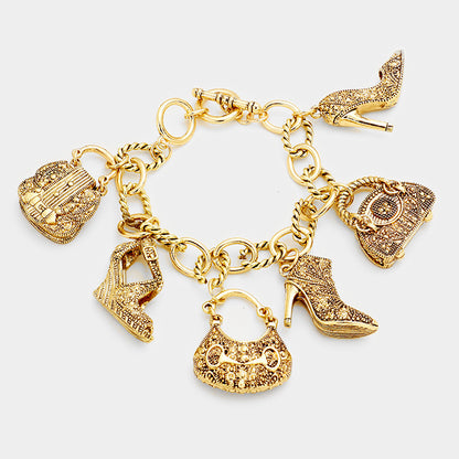Antique Multi Tote Bag Heel Charm Station Bracelet