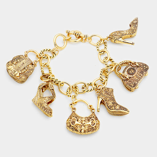 Antique Multi Tote Bag Heel Charm Station Bracelet