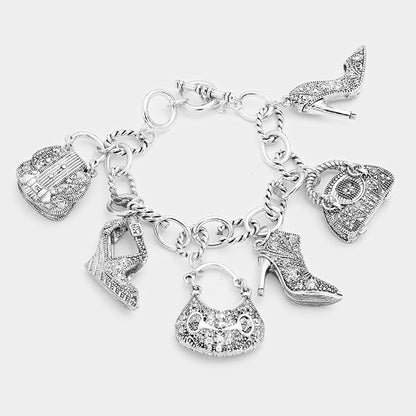 Antique Multi Tote Bag Heel Charm Station Bracelet