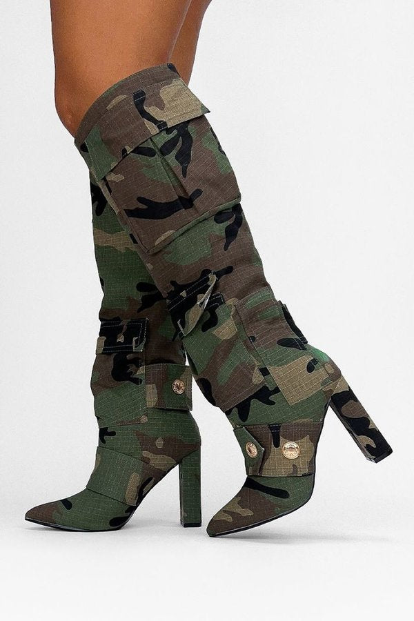 WOMEN KNEE HIGH CAMOUFLAGE POCKET HEEL