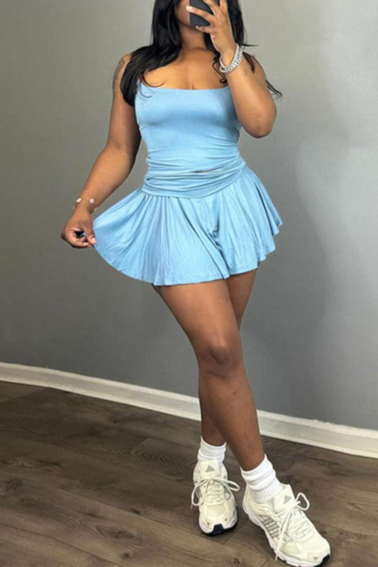 Casual slight stretch 3 colors solid color pleated mini skirt sets