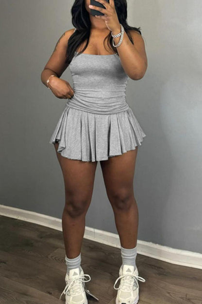 Casual slight stretch 3 colors solid color pleated mini skirt sets