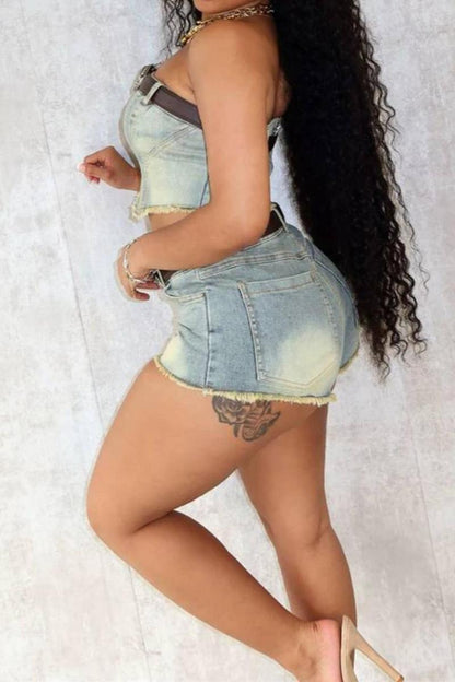 Stretch Denim Without Belt Shorts Sets