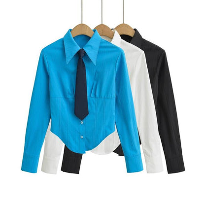 Casual non-stretch 3 colors lapel with tie blouses(