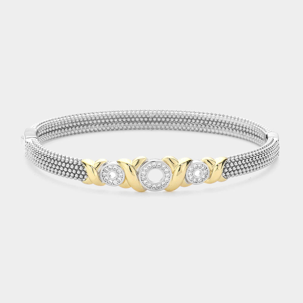 CZ Stone Paved Triple Open Circle Accented Crisscross Metal  Bangle Bracelet