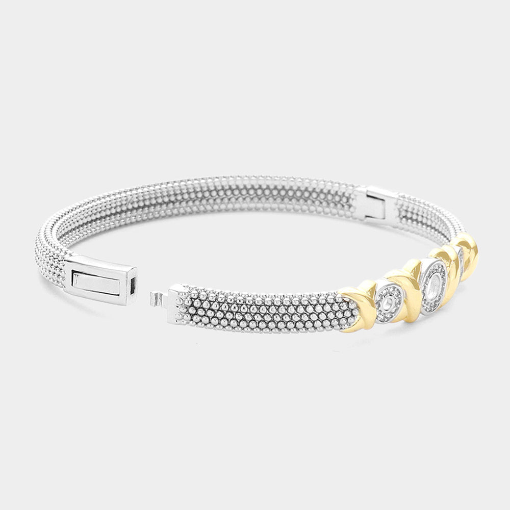 CZ Stone Paved Triple Open Circle Accented Crisscross Metal  Bangle Bracelet