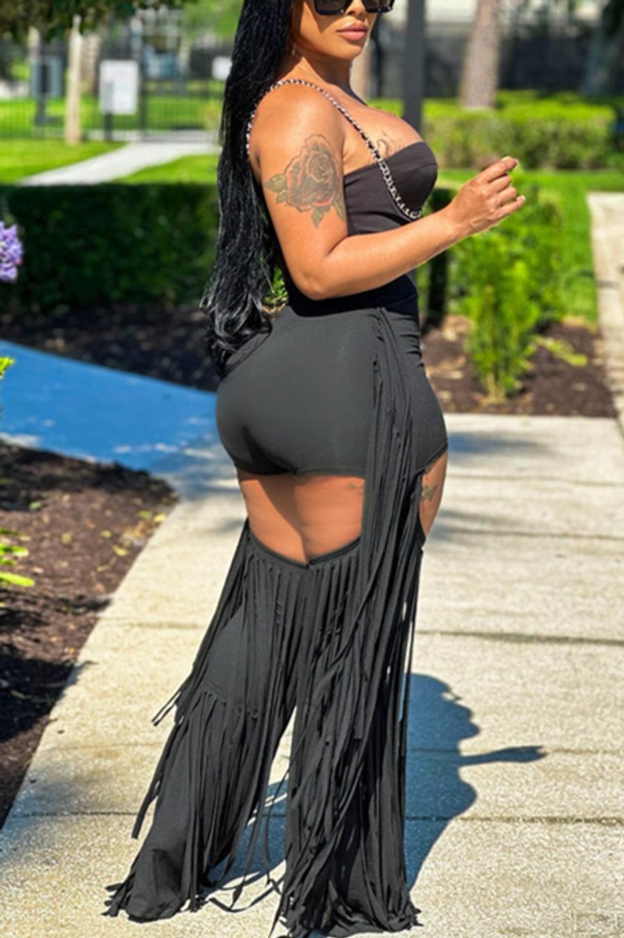 Sexy stretch tassels decor hollow pants