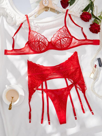 Sexy slight stretch embroidery underwire garter bow three-piece