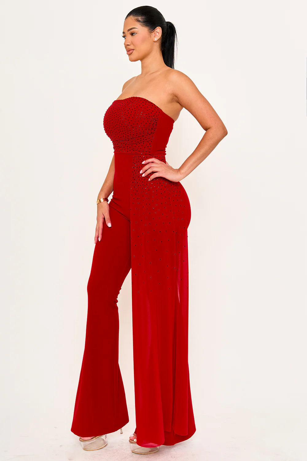 RHINESTONE ON MESH TUBE TOP JUMPSUIT