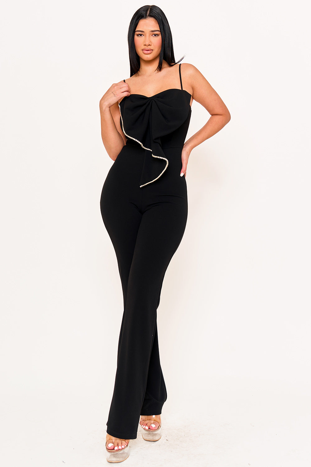 RHINESTONE TRIM THE EDGE OF THE BOW JUMPSUIT