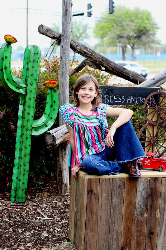 SERAPE PRINTED GIRLS TUNIC W/ TURQUOISE POM POMS