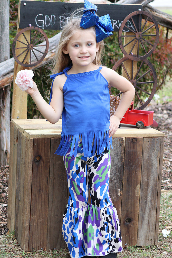 ROYAL BLUE FAUX SUEDE TOP W/ ANIMAL PRINTED BOTTOMS