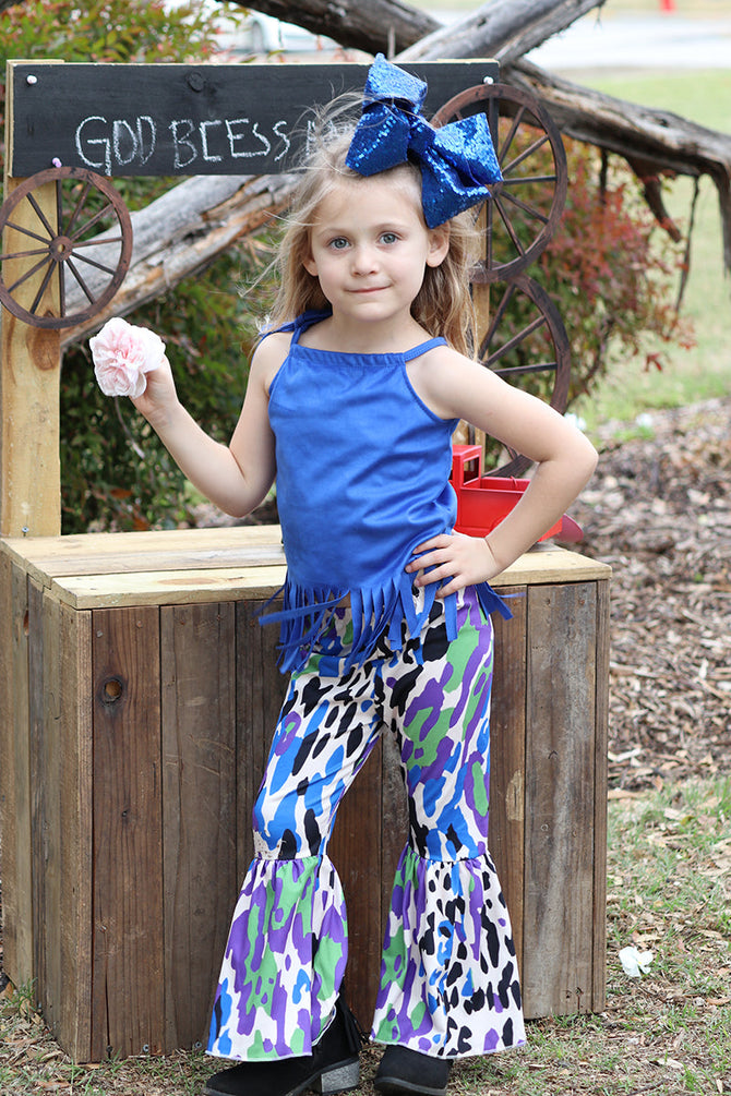 ROYAL BLUE FAUX SUEDE TOP W/ ANIMAL PRINTED BOTTOMS