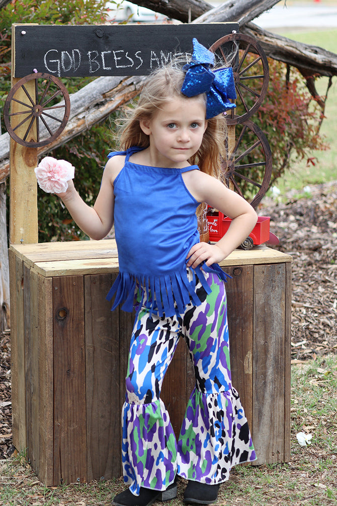 ROYAL BLUE FAUX SUEDE TOP W/ ANIMAL PRINTED BOTTOMS