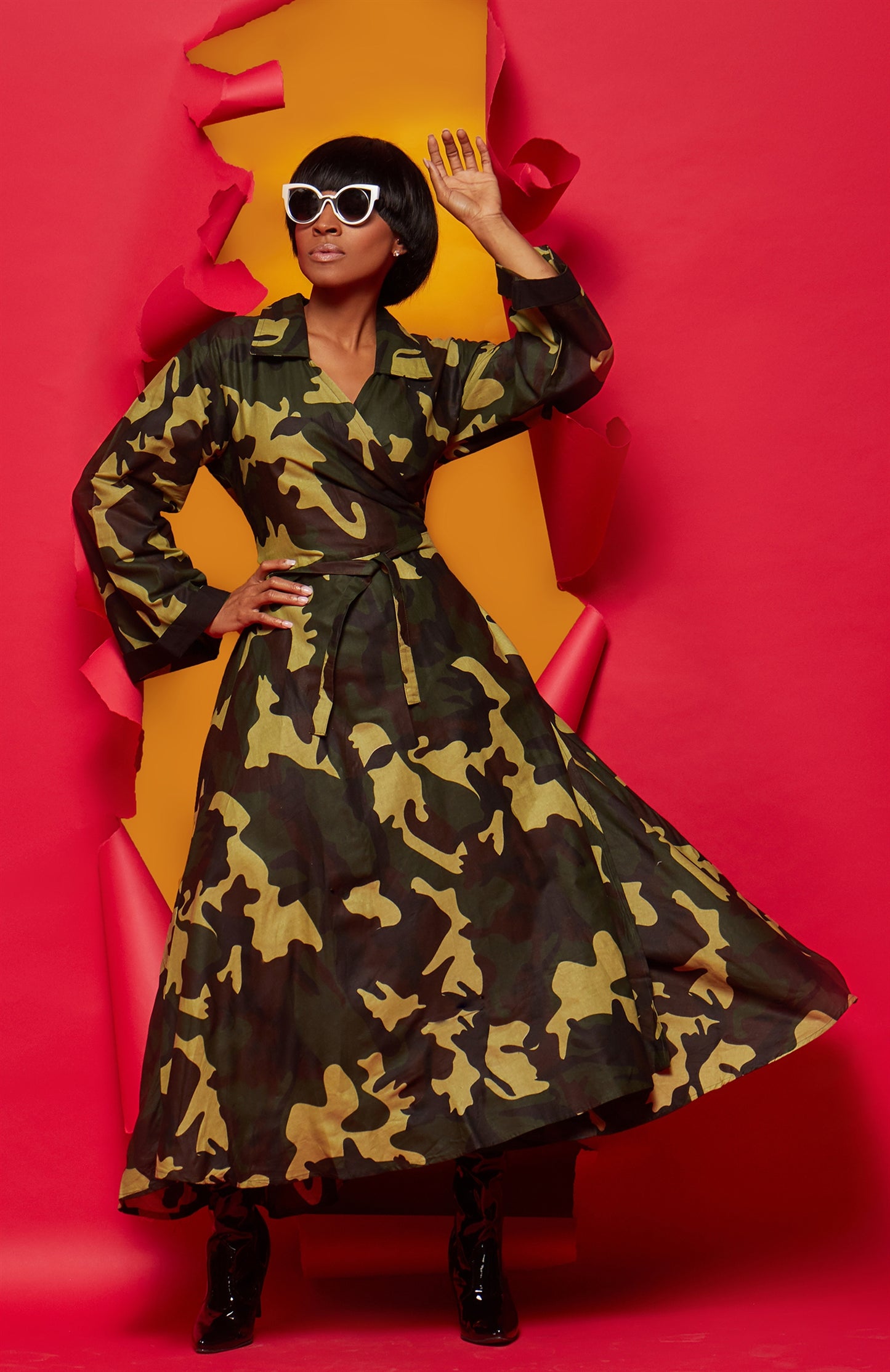 Long Sleeve Camouflage Wrap Dress
