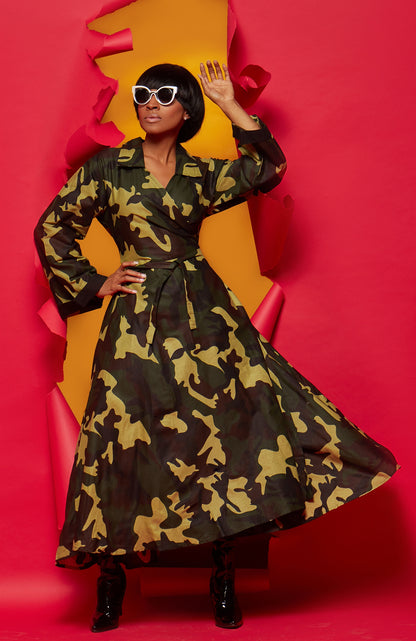 Long Sleeve Camouflage Wrap Dress