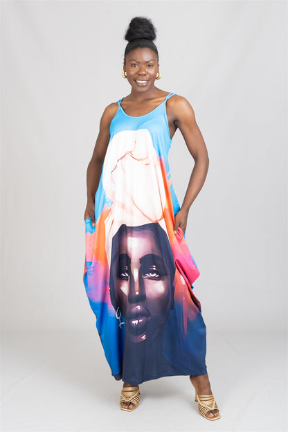 Sleeveless Face Print Knit Maxi Dress