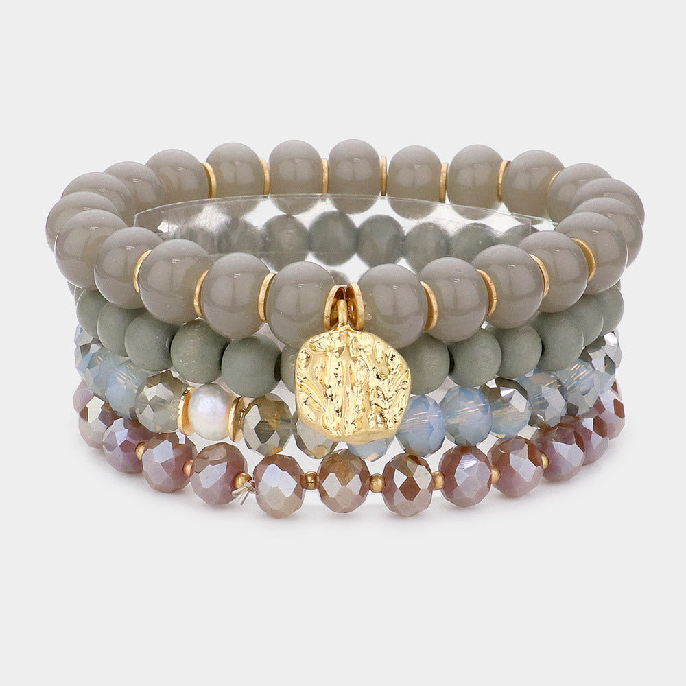 Irregular Metal Round Charm Natural Stone Wood Beaded Stretch Bracelets-4PCS