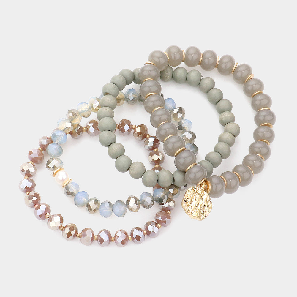 Irregular Metal Round Charm Natural Stone Wood Beaded Stretch Bracelets-4PCS