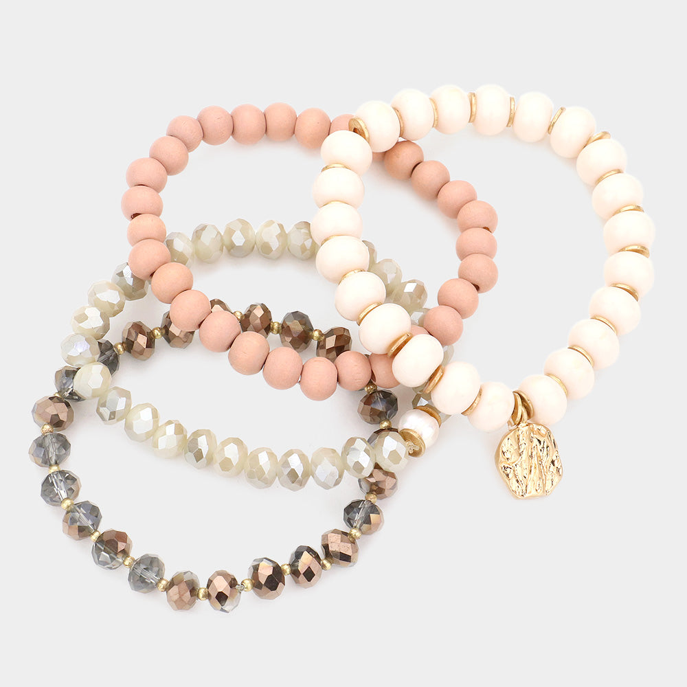 Faceted Beads Wood Beads Glass Beads Stretch Bracelets-4PCS