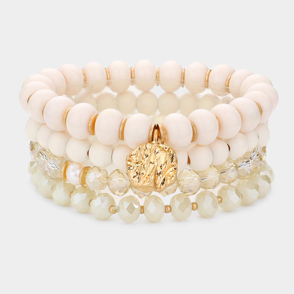 Irregular Metal Round Charm Natural Stone Wood Beaded Stretch Bracelets-4PCS