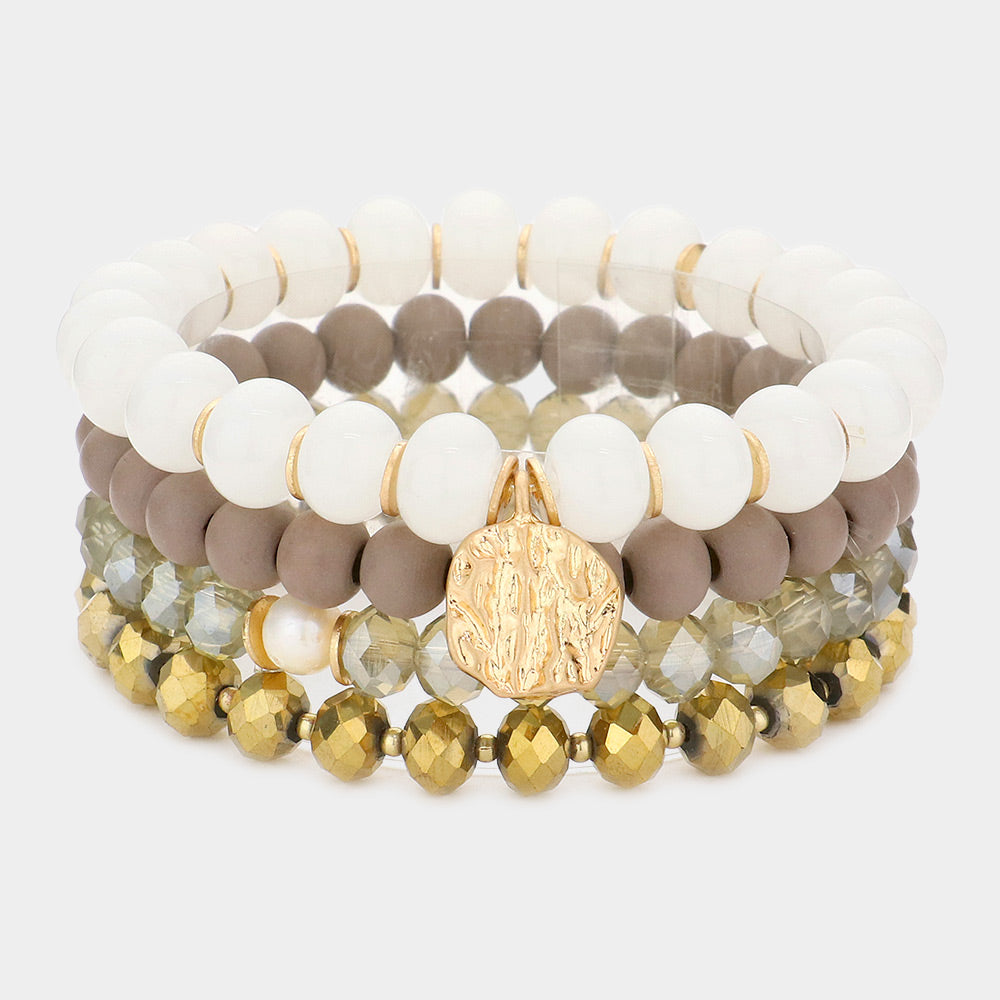 Faceted Beads Wood Beads Glass Beads Stretch Bracelets-4PCS