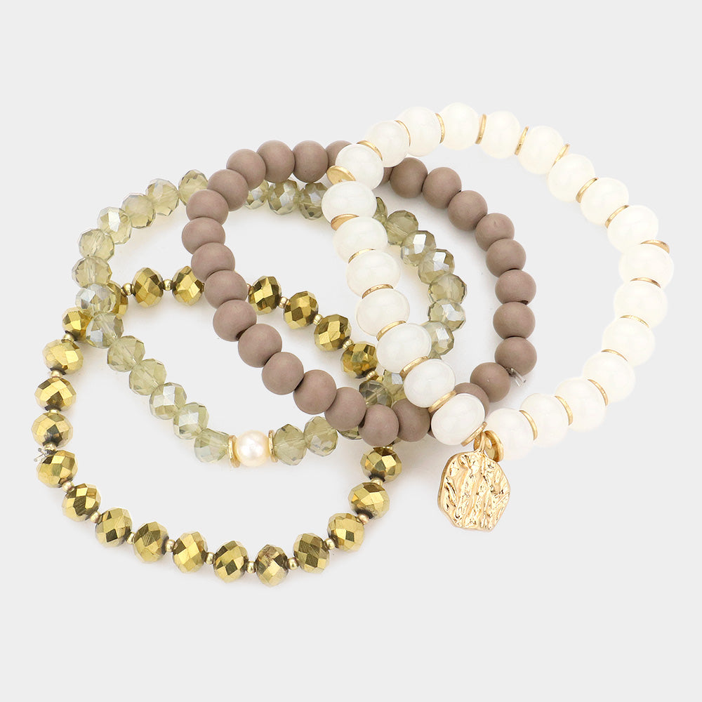 Faceted Beads Wood Beads Glass Beads Stretch Bracelets-4PCS