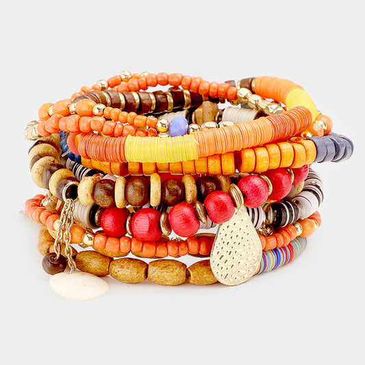 Boho Wood Multi Beaded Stretch Bracelets-10PCS