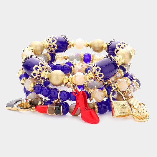Tote Bag Flip Flop Stiletto Heel Lipstick Charm Multi Beaded Stretch Bracelets