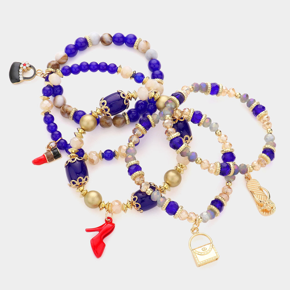 Tote Bag Flip Flop Stiletto Heel Lipstick Charm Multi Beaded Stretch Bracelets