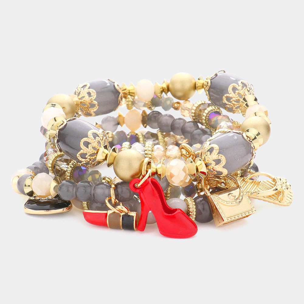 Tote Bag Flip Flop Stiletto Heel Lipstick Charm Multi Beaded Stretch Bracelets