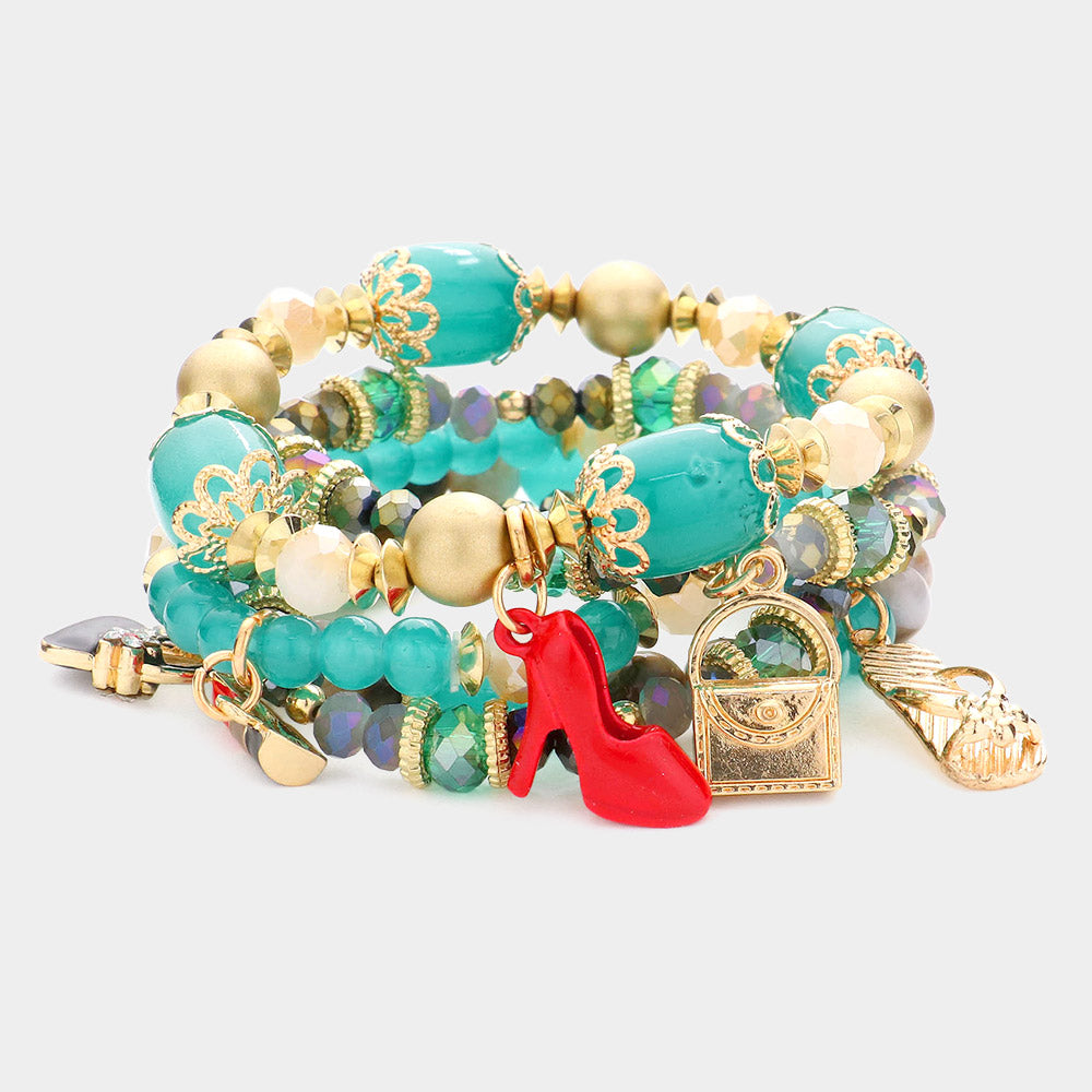 Tote Bag Flip Flop Stiletto Heel Lipstick Charm Multi Beaded Stretch Bracelets
