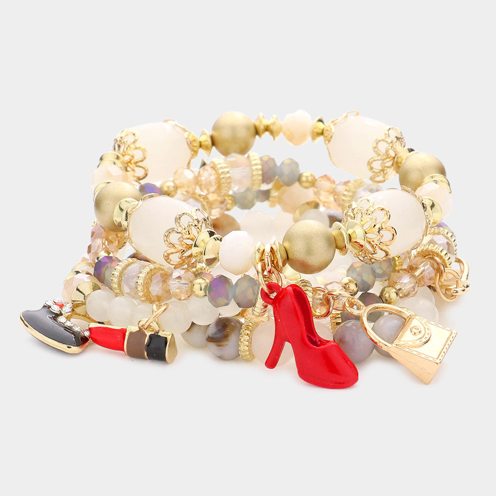 Tote Bag Flip Flop Stiletto Heel Lipstick Charm Multi Beaded Stretch Bracelets