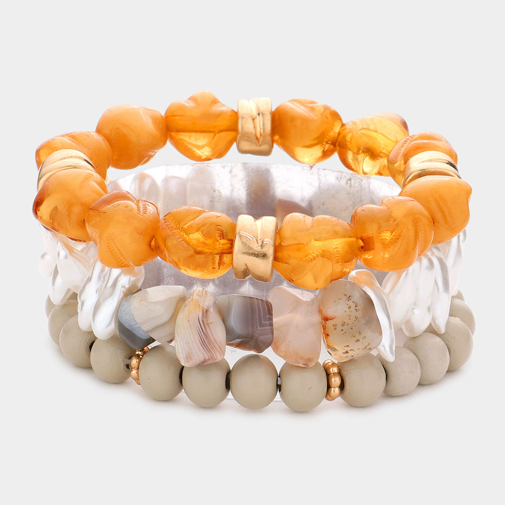 Natural Stone Pearl Wood Beaded Stretch Bracelets-3PCS