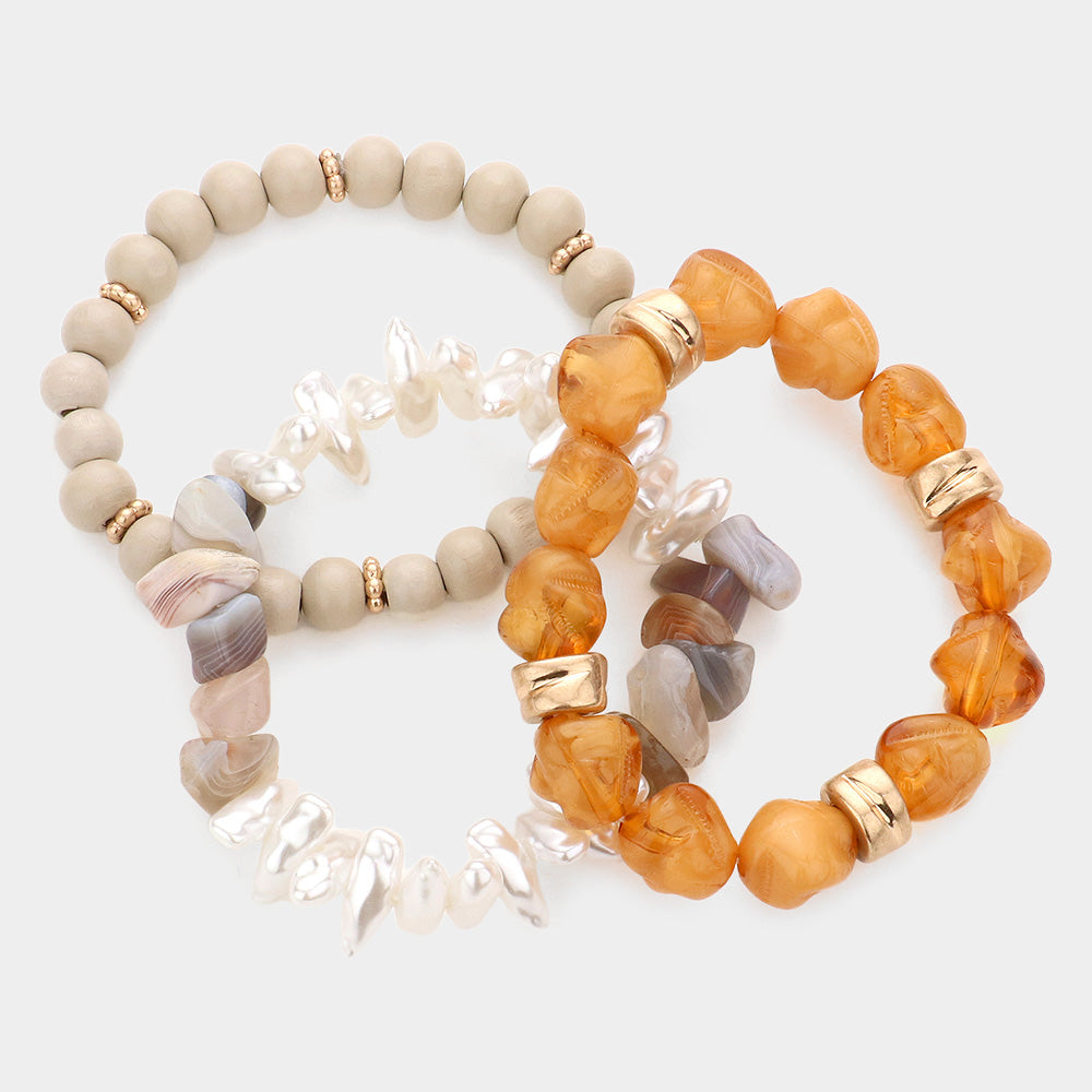 Natural Stone Pearl Wood Beaded Stretch Bracelets-3PCS