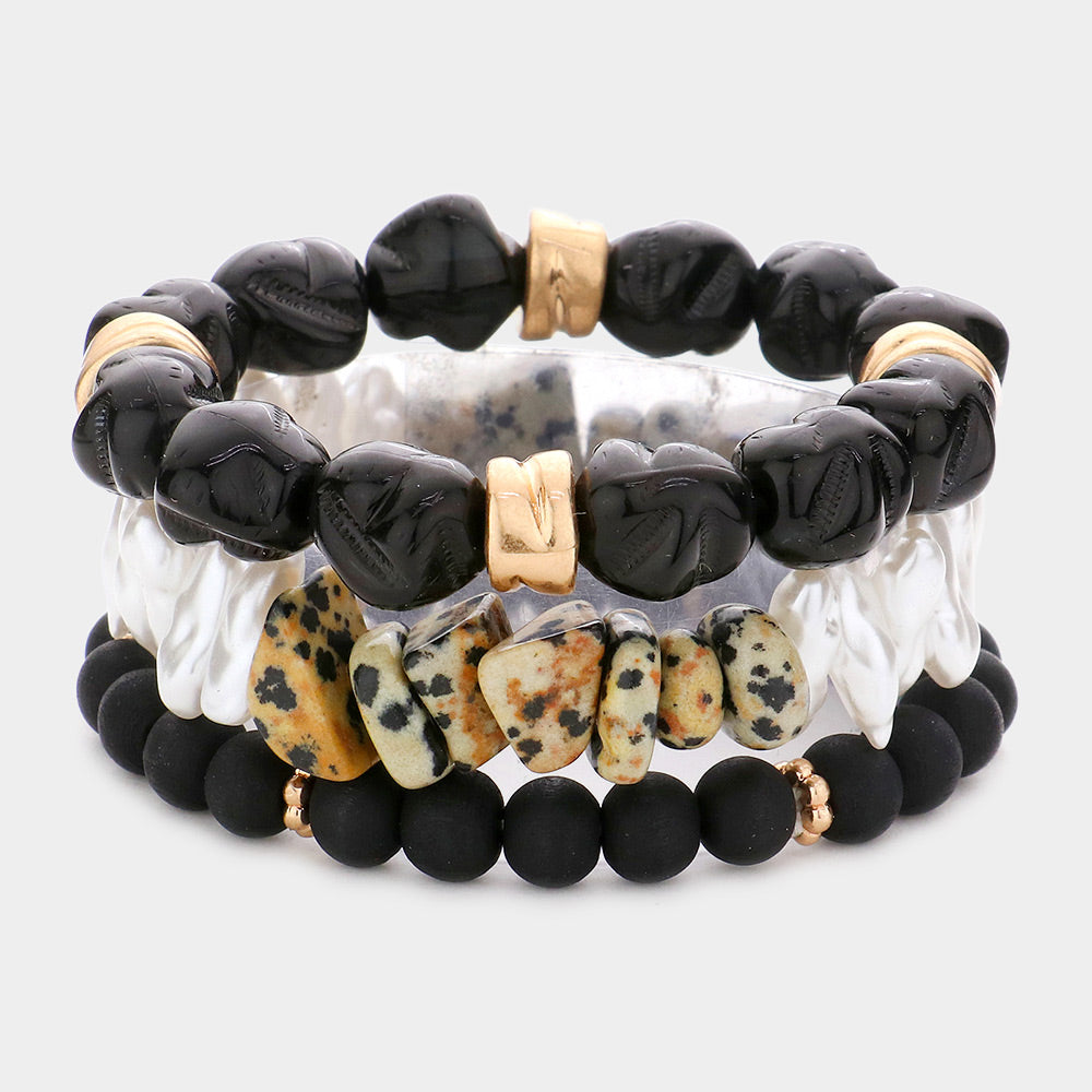 Natural Stone Pearl Wood Beaded Stretch Bracelets-3PCS