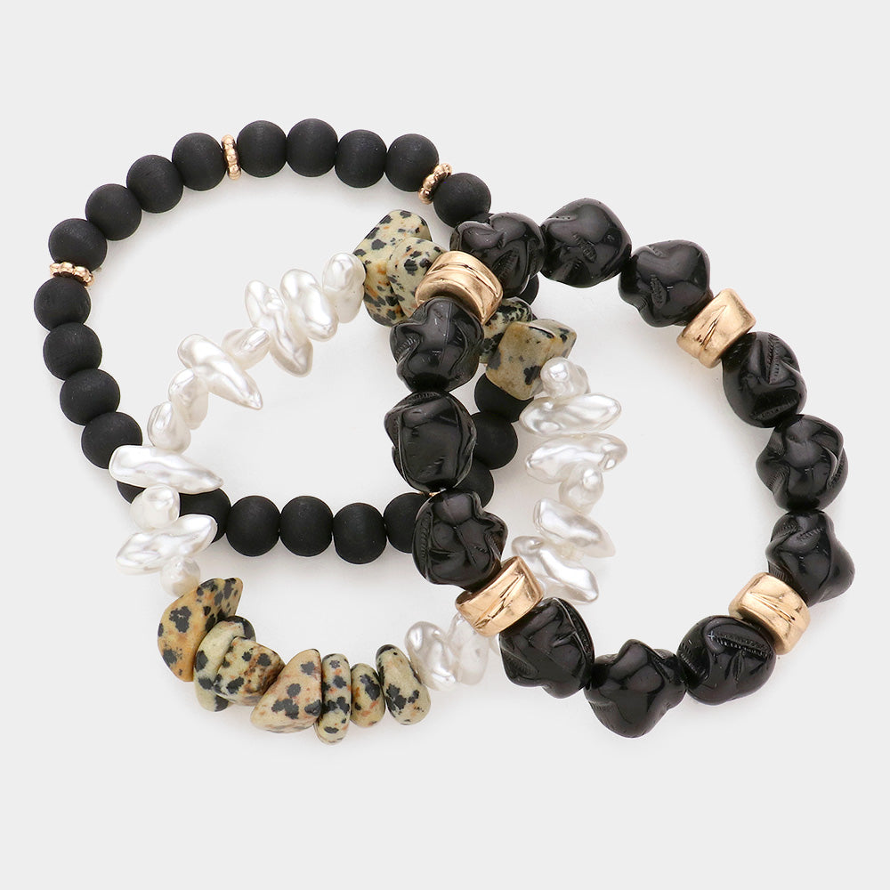 Natural Stone Pearl Wood Beaded Stretch Bracelets-3PCS