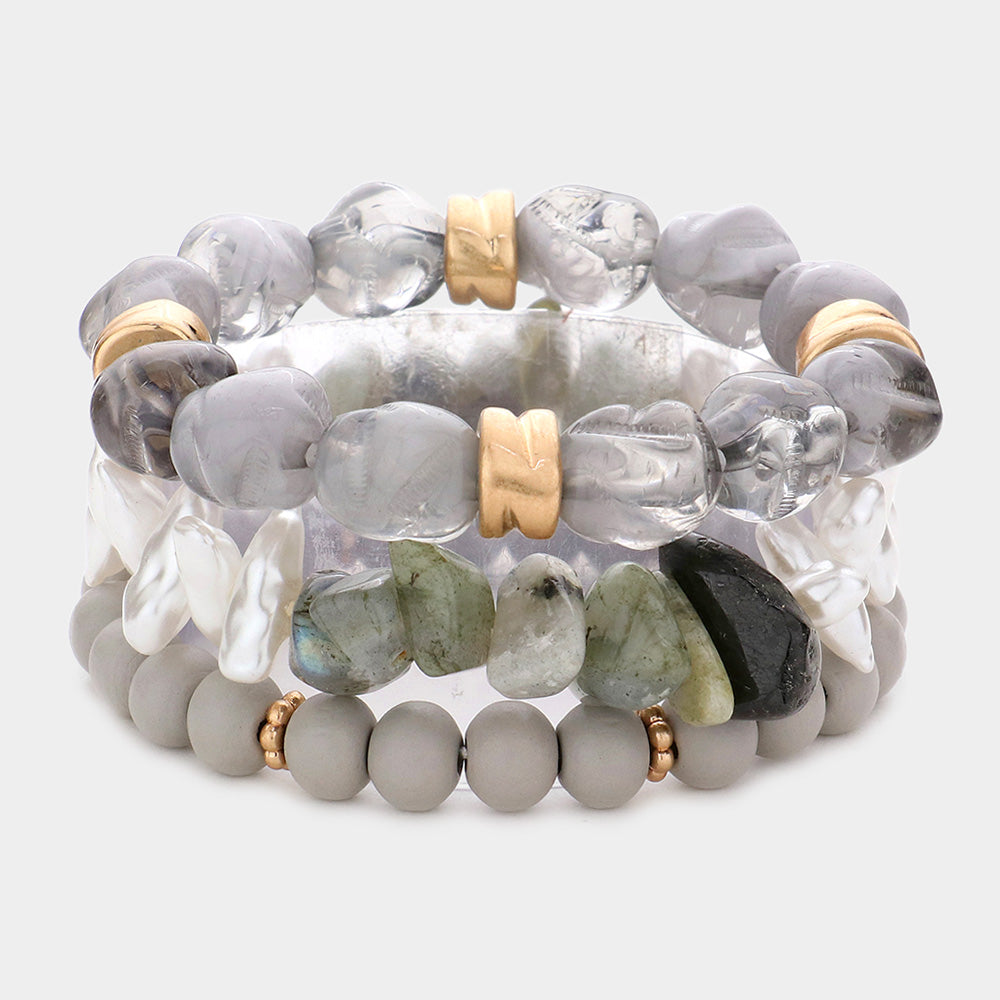Natural Stone Pearl Wood Beaded Stretch Bracelets-3PCS