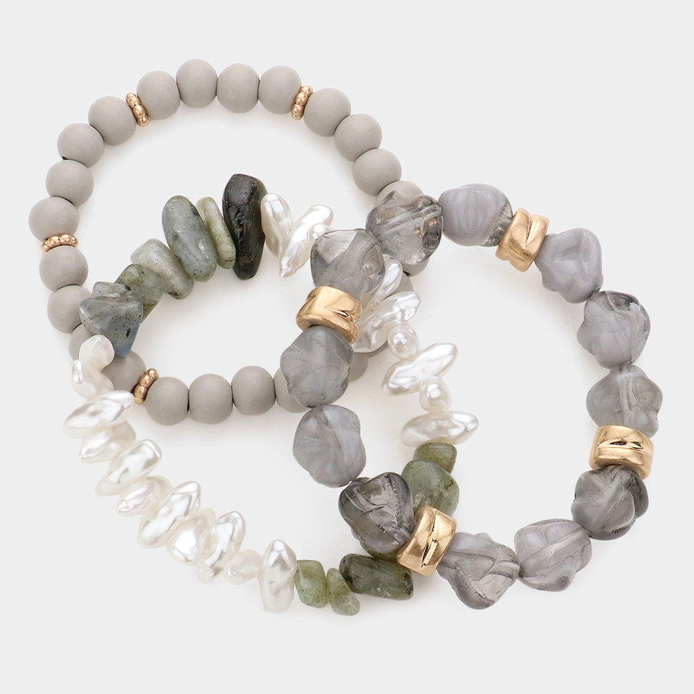 Natural Stone Pearl Wood Beaded Stretch Bracelets-3PCS