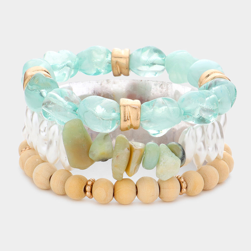 Natural Stone Pearl Wood Beaded Stretch Bracelets-3PCS