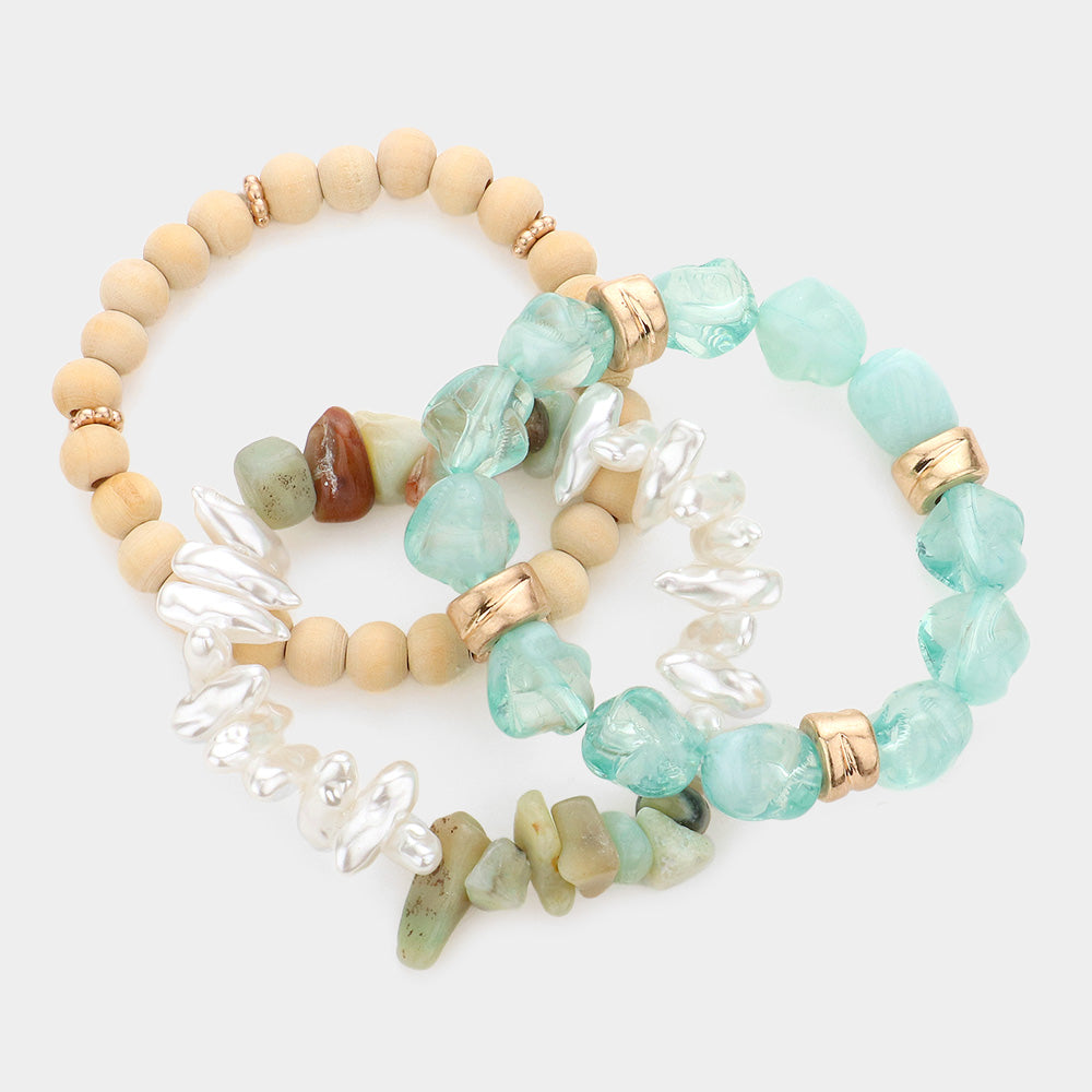 Natural Stone Pearl Wood Beaded Stretch Bracelets-3PCS