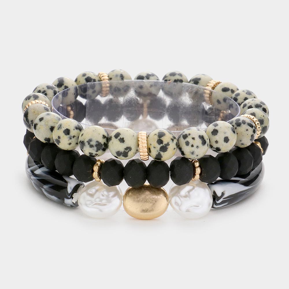 Semi Precious Stone Pearl Resin Beaded Stretch Bracelets-3PCS-3PCS