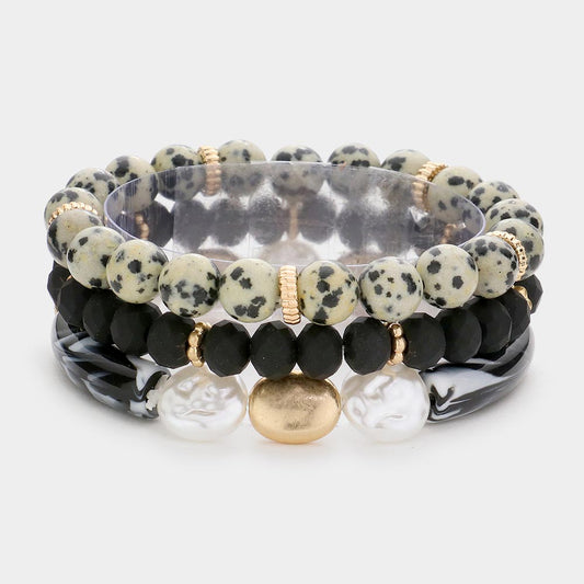 Semi Precious Stone Pearl Resin Beaded Stretch Bracelets-3PCS-3PCS