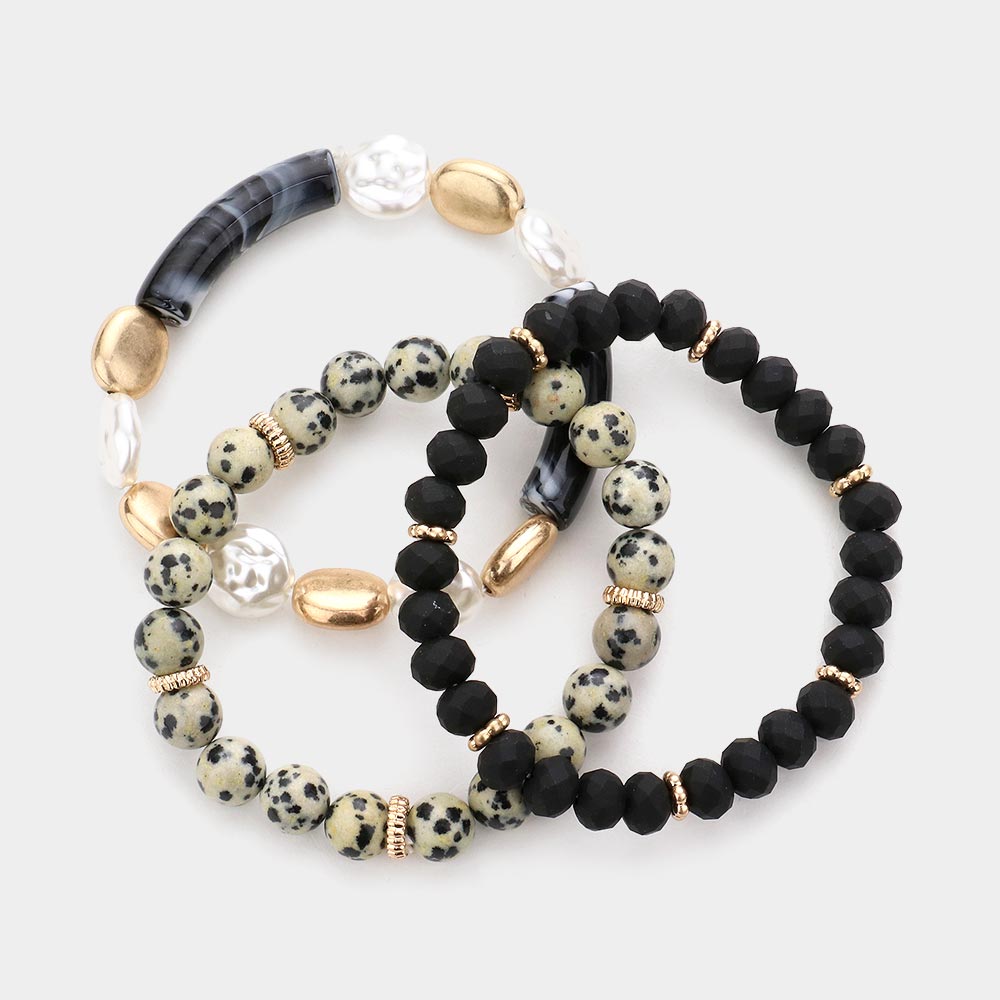 Semi Precious Stone Pearl Resin Beaded Stretch Bracelets-3PCS-3PCS