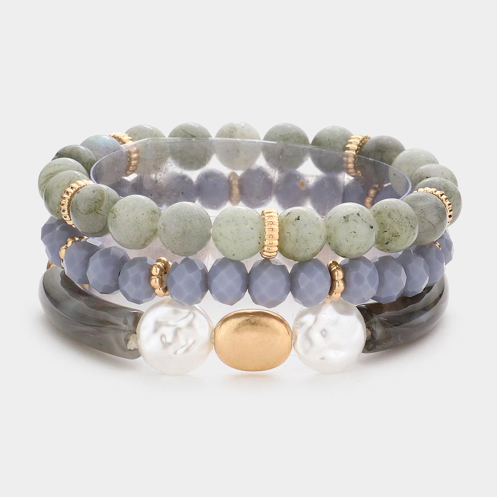 Semi Precious Stone Pearl Resin Beaded Stretch Bracelets-3PCS-3PCS